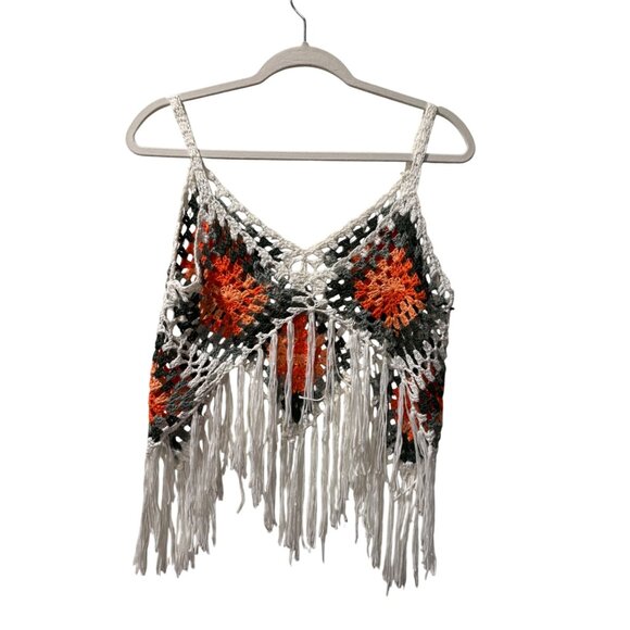 Handmade Crochet Fringe Boho Crop Top With Multicolor Diamond Pattern - Picture 3 of 8